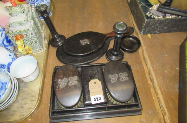 NINE PIECE EBONY DRESSING TABLE SET WITH SILVER INITIALS Image
