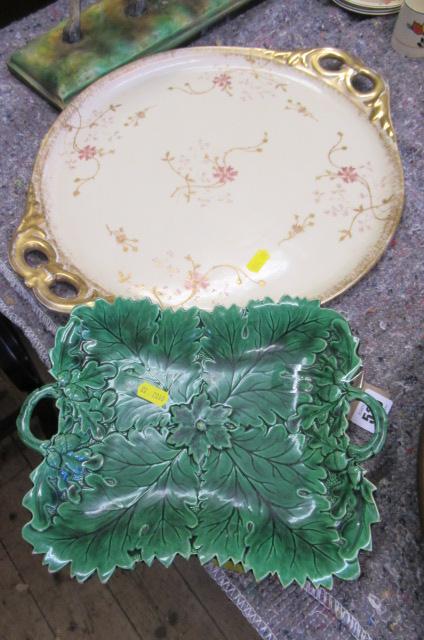 ORNAMENTAL POTTERY TRAY AND GREEN LEAF DISH Image