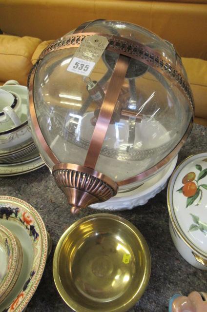 GLOBE LIGHT AND CERAMIC AND BRASS BOWL Image