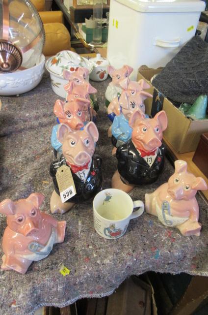 NAT WEST MONEY BANK PIGS WITH EVESHAM AND WEDGWOOD DINNERWARE Image