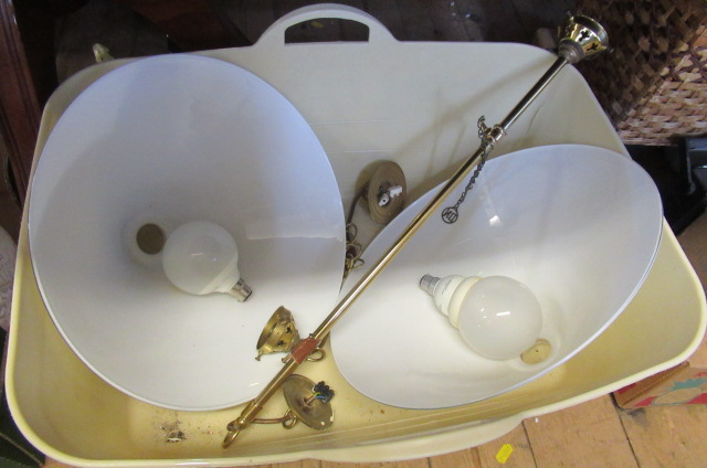 TWO WHITE GLASS AND BRASS LIGHT FITTINGS Image