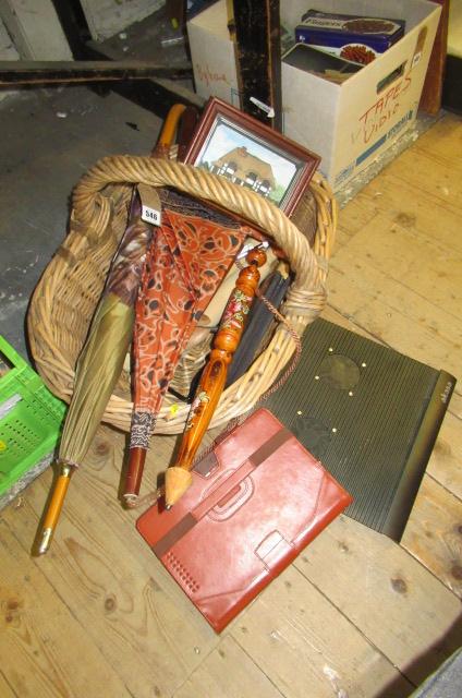 BASKET OF MISCELLANEOUS INCLUDING VINTAGE UMBRELLAS Image