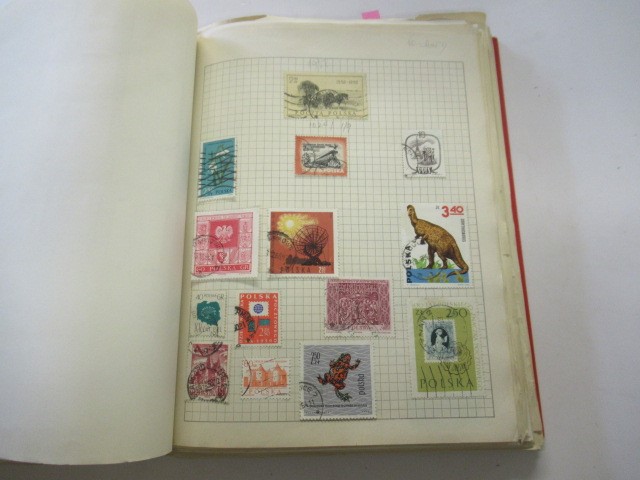 RED ALBUM OF STAMPS INCLUDING USA 1868 THREE DOLLAR STAMP Image