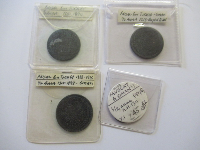 THREE FAISAL BIN TURKEE OF OMAN QUANTER ANNA AND 1/12 ANNA COIN  Image