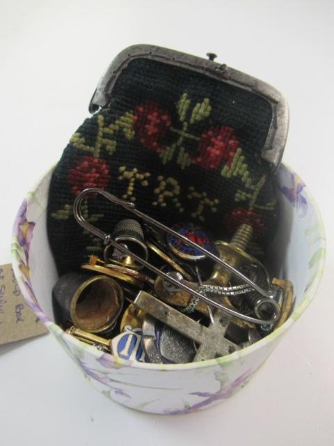 CIRCULAR  BOX OF SILVER AND OTHER BADGES AND A PURSE ETC Image