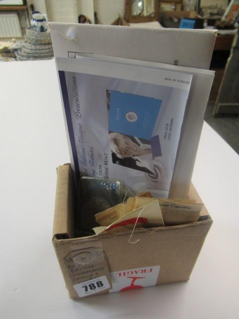 BOX OF BRITISH COMMEMORATIVE COINS AND KENSITAS SILKS Image