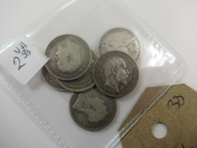 SIX VICTORIA TO GEORGE V ERA THREEPENNY BITS Image