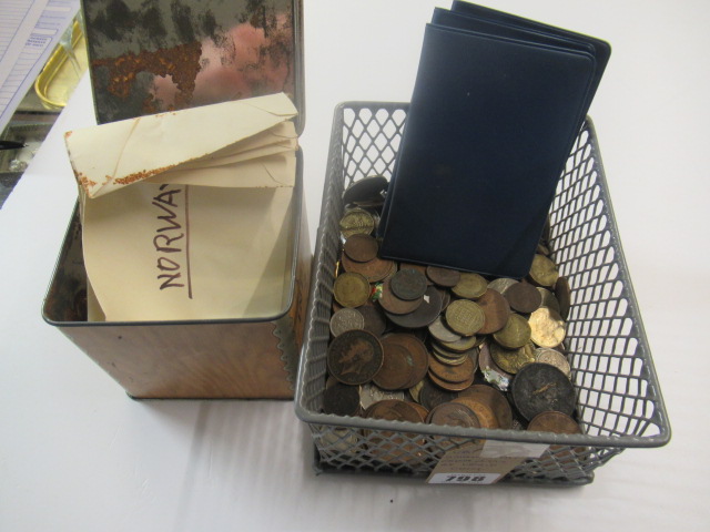 SMALL METAL CRATE AND A TIN OF WORLD COINS Image