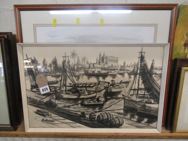 WATERCOLOUR BY PULLEN AND A MEDITERRANEAN HARBOUR SCENE Image