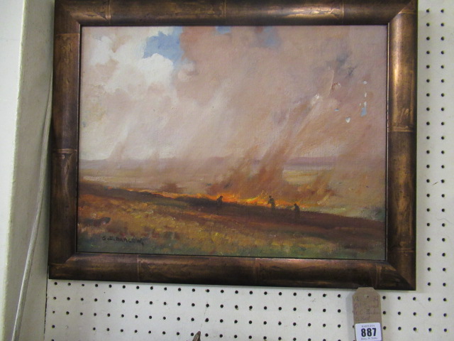 OIL SIGNED GC BARLOW TITLED BURNING THE STUBBLE Image
