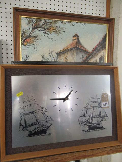 PAINTING  RETRO CLOCK PICTURE AND A METAL MAP Image