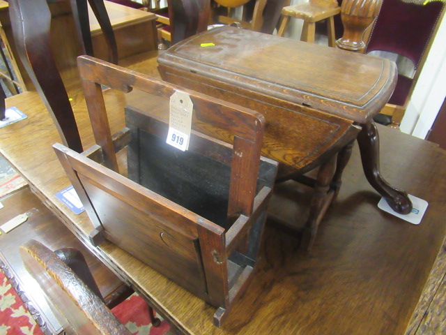 SMALL OAK DROP LEAF TABLE AND CARVED MAGAZINE RACK Image