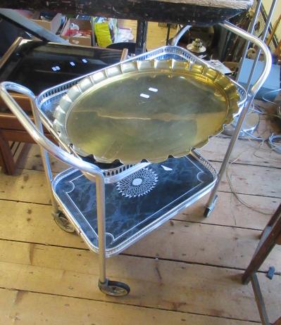 TWO TIER DRINKS TROLLEY AND A BRASS TRAY Image
