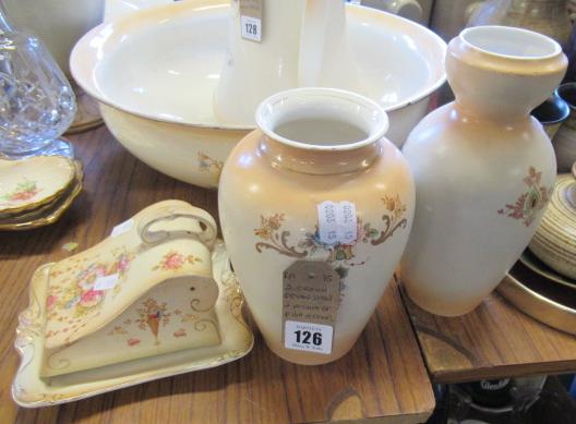 TWO CROWN DEVON VASES AND A CHEESE DISH WITH COVER Image