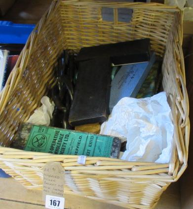 WHEELED WICKER BASKET WITH MISCELLANEOUS CONTENTS INCLUDING CUTLERY Image