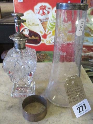 SILVER NAPKIN RING  SILVER COLLARED VASE AND SILVER TOPPED PERFUME BOTTLE Image