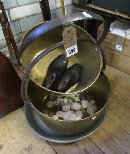 TWO BRASS JAM PANS  PEWTER PLATE AND TWO SHOE LASTS Image