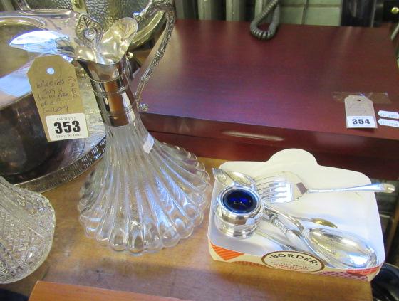 EPNS MOUNTED GLASS JUG AND SMALL BOX OF PLATED CUTLERY Image