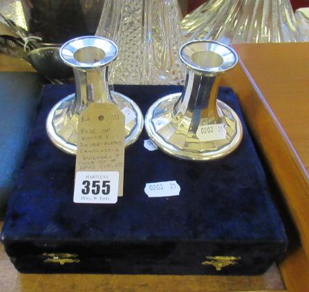 PAIR OF VINERS EPNS CANDLESTICK HOLDERS AND CASED SET OF EPNS GOBLETS Image