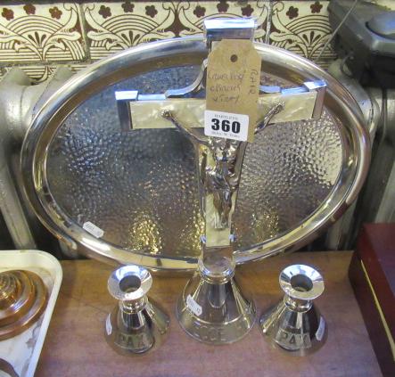 EPNS CRUCIFIX  PAIR OF MATCHING CANDLESTICKS AND A TRAY Image