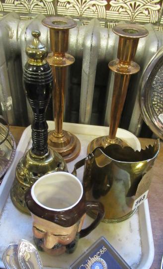 BRASS BELL  CANDLESTICKS  TRENCH ART AND A TOBY JUG Image