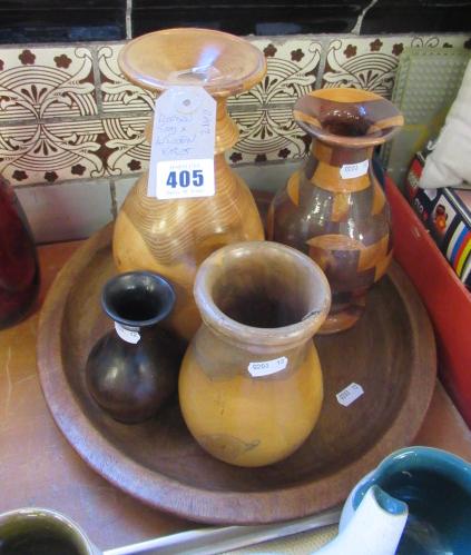 WOODEN TRAY AND FOUR TREEN VASES Image
