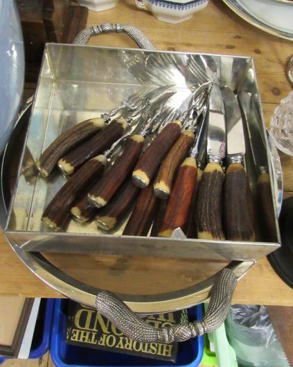PLATED AND GLASS TRAY AND A SET OF HORN HANDLED KNIVES AND FORKS Image