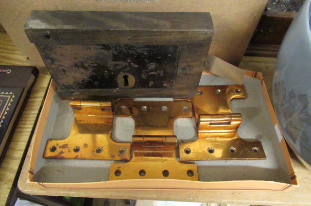 THREE BRASS HINGES AND AN OLD LOCK Image