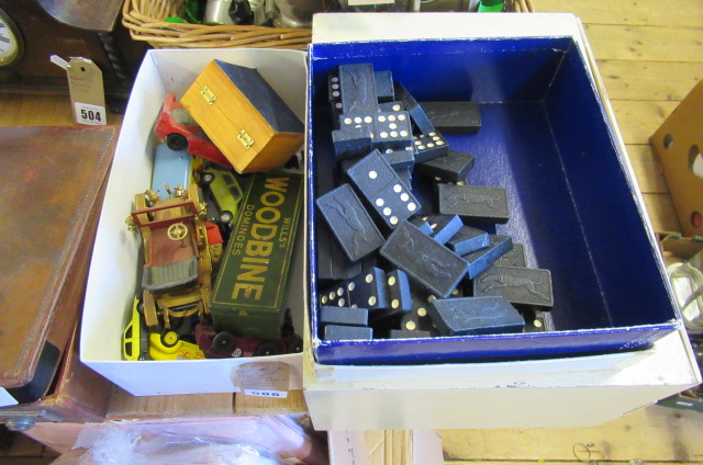 BOX OF VINTAGE MODEL CARS AND WOODBINE DOMINO SET Image