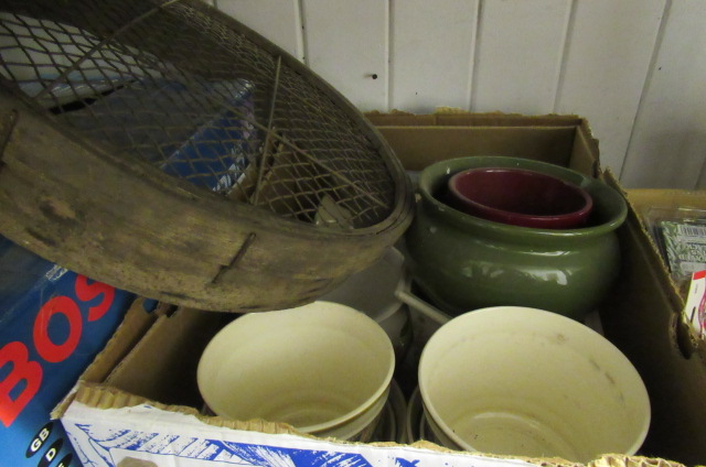 BOX OF CERAMIC JARDINIERES AND GARDEN SIEVE Image