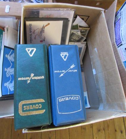 BOX OF POSTCARDS AND TWO ALBUMS OF FIRST DAY COVERS ETC Image