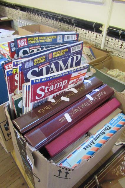 BOX OF EMPTY STAMP ALBUMS AND A BAG OF COPPER COINS ETC Image