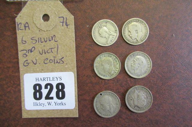 SIX SILVER 3d VICTORIAN AND GEORGE  V  COINS Image