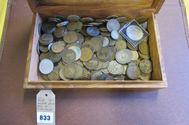 INLAID WOODEN  BOX OF MISCELLANEOUS COINS Image