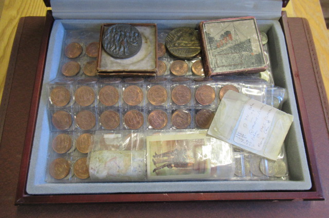 BOX CONTAINING 5 SHEETS 1960S COINS AND THREE LUSITANIA  MEDALLIONS Image