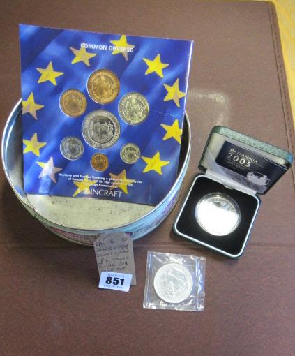 2005 AND 1999  ONE OUNCE  SILVER   £2  COIN  AND AN  UK ECU MINT SET Image