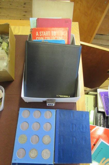 BLACK FOLDER AND FOUR OTHER FOLDERS OF SHILLINGS  SOME SILVER AND REFERENCE BOOKS Image