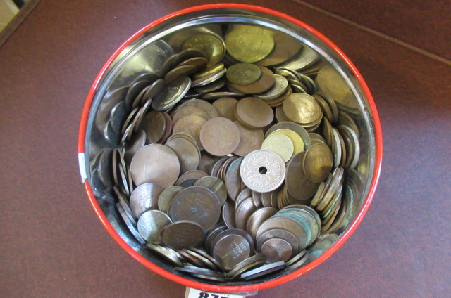 CASH BOX AND A ROUND TIN OF WORLD COINS Image