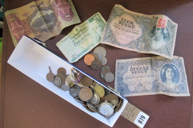 BOX OF COINS INCLUDING SILVER THREEPENNY BITS AND NOTES Image
