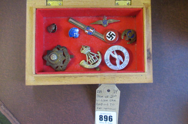 BOX OF WW II BADGES    INCLUDING NATIONAL SOCIALIST AND TINY A.R.P. EXAMPLES Image