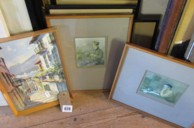 SIGNED EUROPEAN WATERCOLOUR AND SIX HW KERR PRINTS Image
