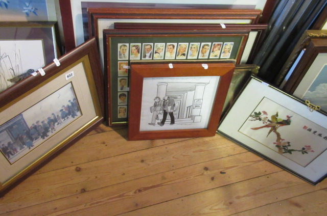 QUANTITY OF PICUTRES INCLUDING LOWRY PRINT AND FRAMED CIGARETTE CARDS Image