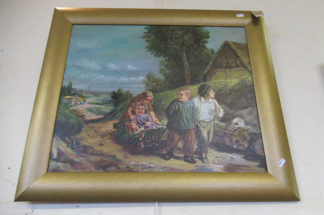 OIL PAINTING OF CHILDREN PLAYING ON A CART Image