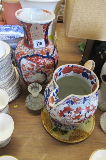 IRONSTONE JUG  IMARI VASE  MAJOLICA PLATE AND SMALL GLASS VASE Image