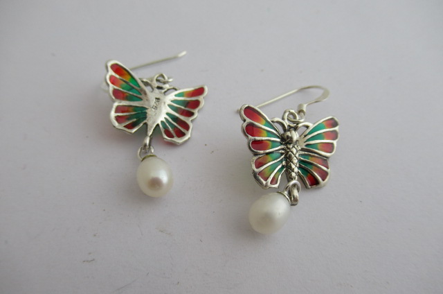 PAIR OF SILVER AND CULTURED PEARL BUTTERFLY EARRINGS Image