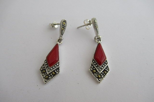 PAIR OF SILVER   CORAL AND MARCASITE EARRINGS Image