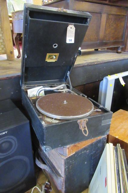 HMV WIND UP GRAMOPHONE AND BOX OF RECORDS Image