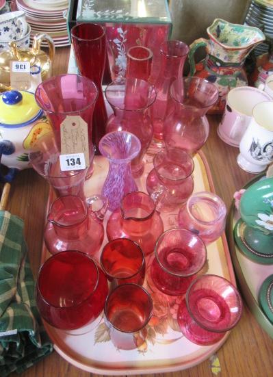 TRAY OF CRANBERRY AND OTHER GLASS Image