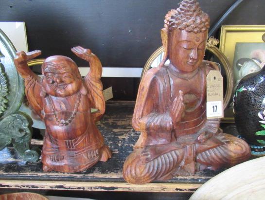 TWO CARVED WOODEN BUDDHAS Image