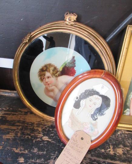 PAIR OF CHERUB PICTURES AND A MINIATURE EMBROIDERY  Image